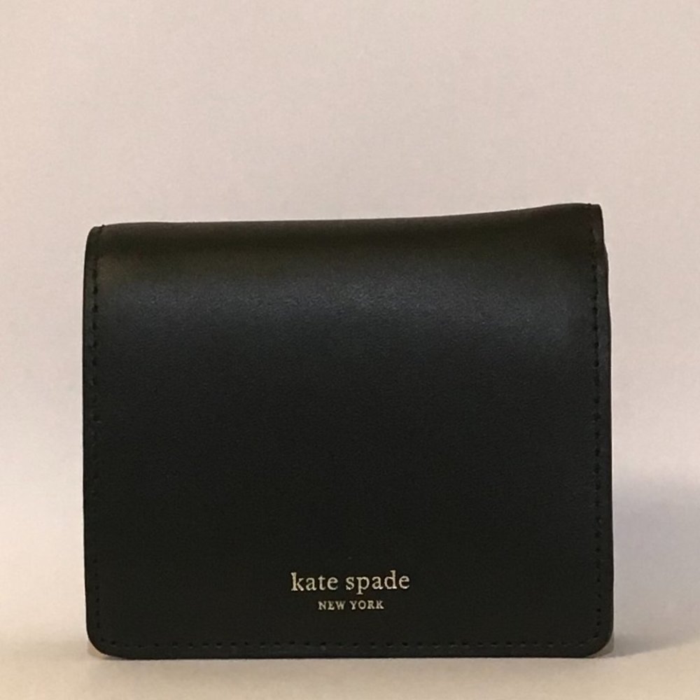NWT!! Kate Spade Small Bifold Black Wallet with coin punch, golden & pink deco